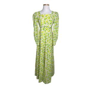 Vintage 60s Floral Empire Waist Long Sleeve Maxi Dress Hippie Green Yellow 4/6